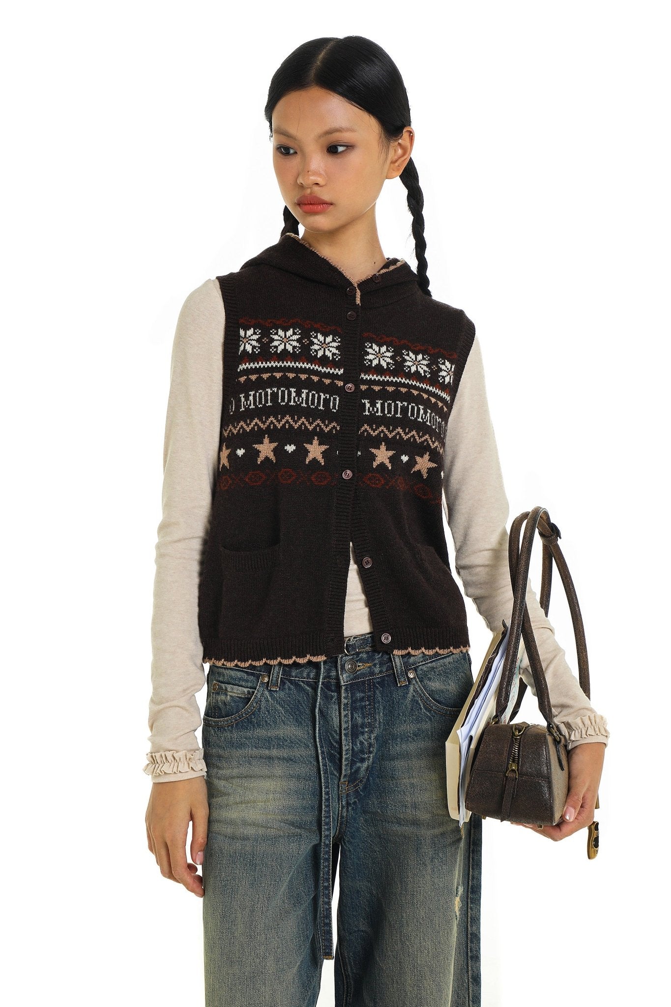 Vintage Fair Isle Star Kontrastbesatz Kapuzenärmellose Strickweste Zweitbild