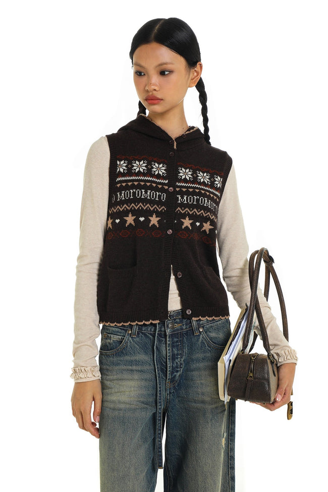 빈티지 페어 아일 스타 콘트라스트 트림 후드 슬리브리스 니트 조끼 Main Image