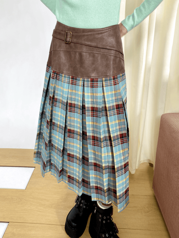 Vintage Faux Leather Waist Plaid Midi Skirt - COPPING THREADS - Chemical Girl