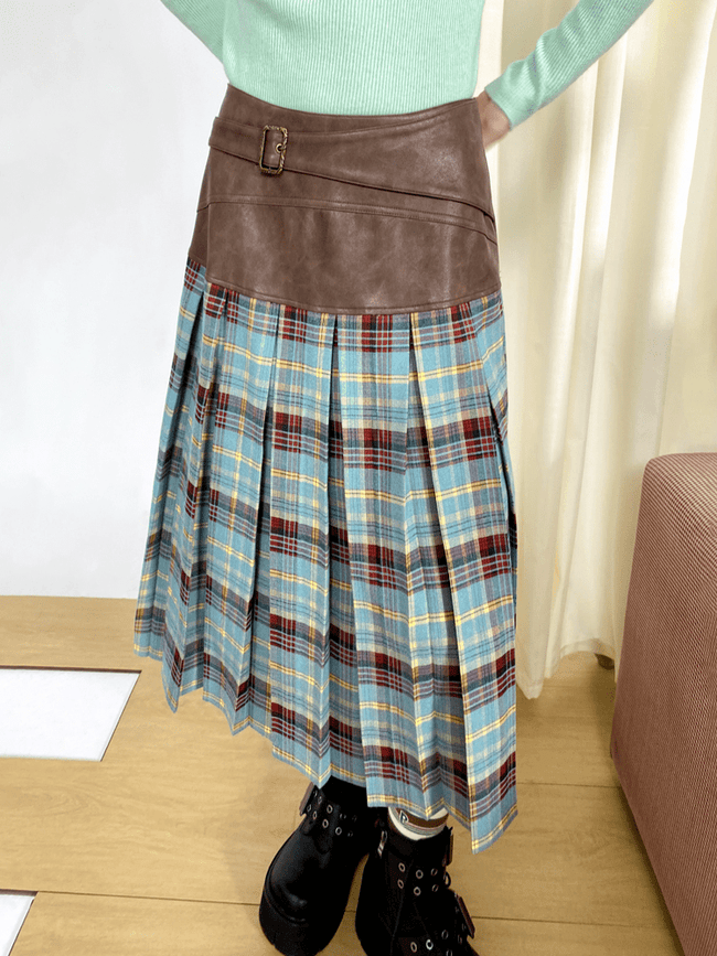 Vintage Faux Leather Waist Plaid Midi Skirt Main Image