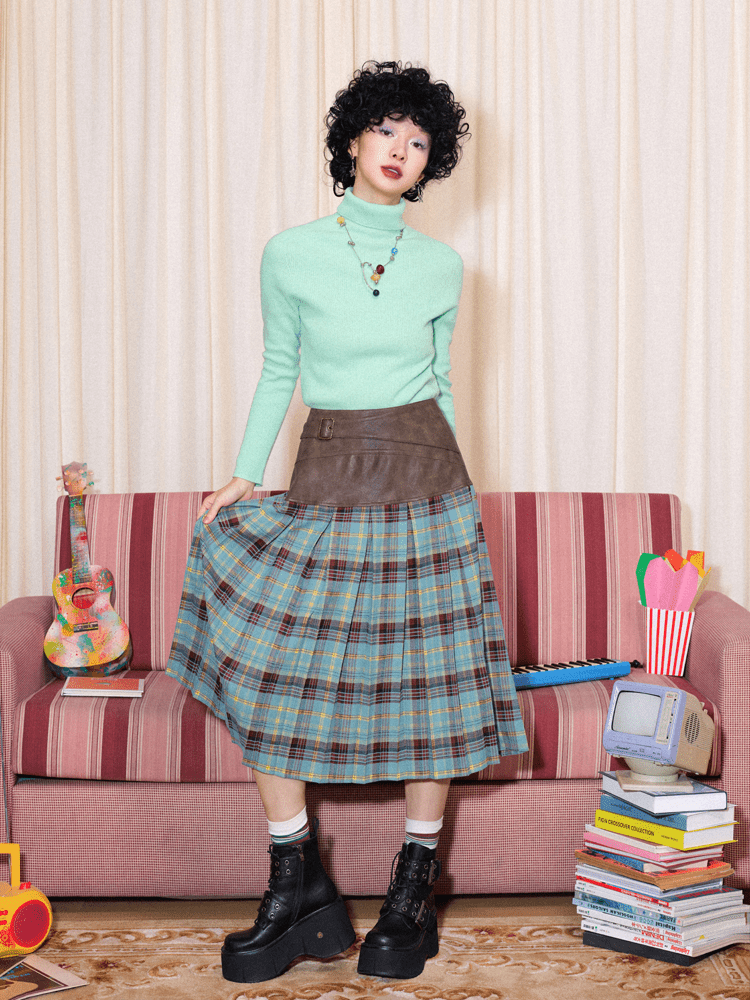 Vintage Faux Leather Waist Plaid Midi Skirt - COPPING THREADS - Chemical Girl