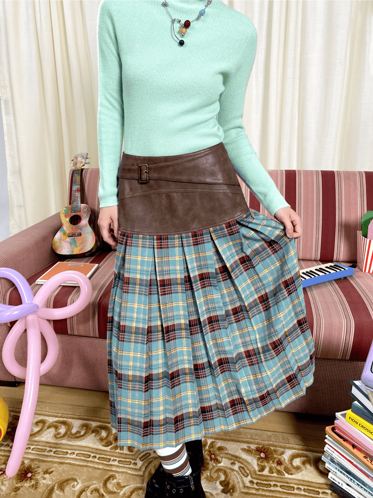 Vintage Faux Leather Waist Plaid Midi Skirt - COPPING THREADS - Chemical Girl