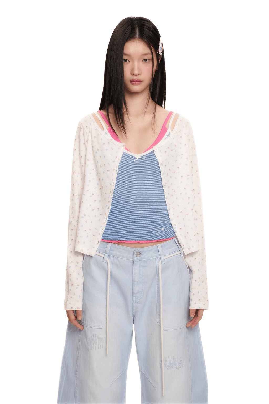 Vintage Floral Bunny Print Wide - Neck Cardigan - COPPING THREADS - MOROMORO