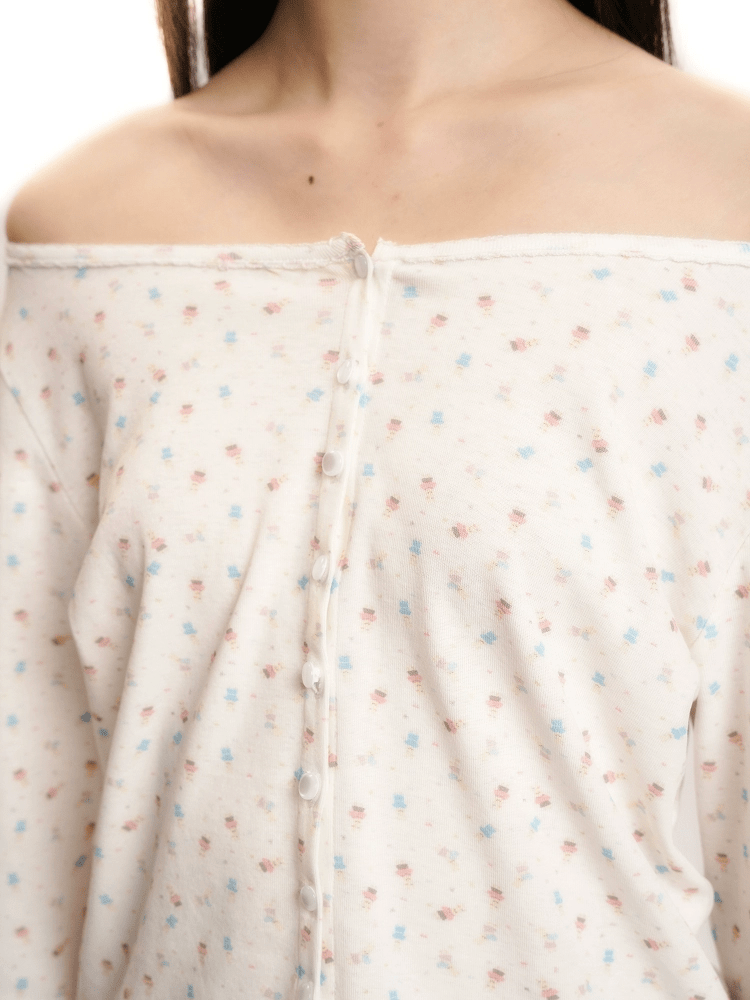 Vintage Floral Bunny Print Wide - Neck Cardigan - COPPING THREADS - MOROMORO