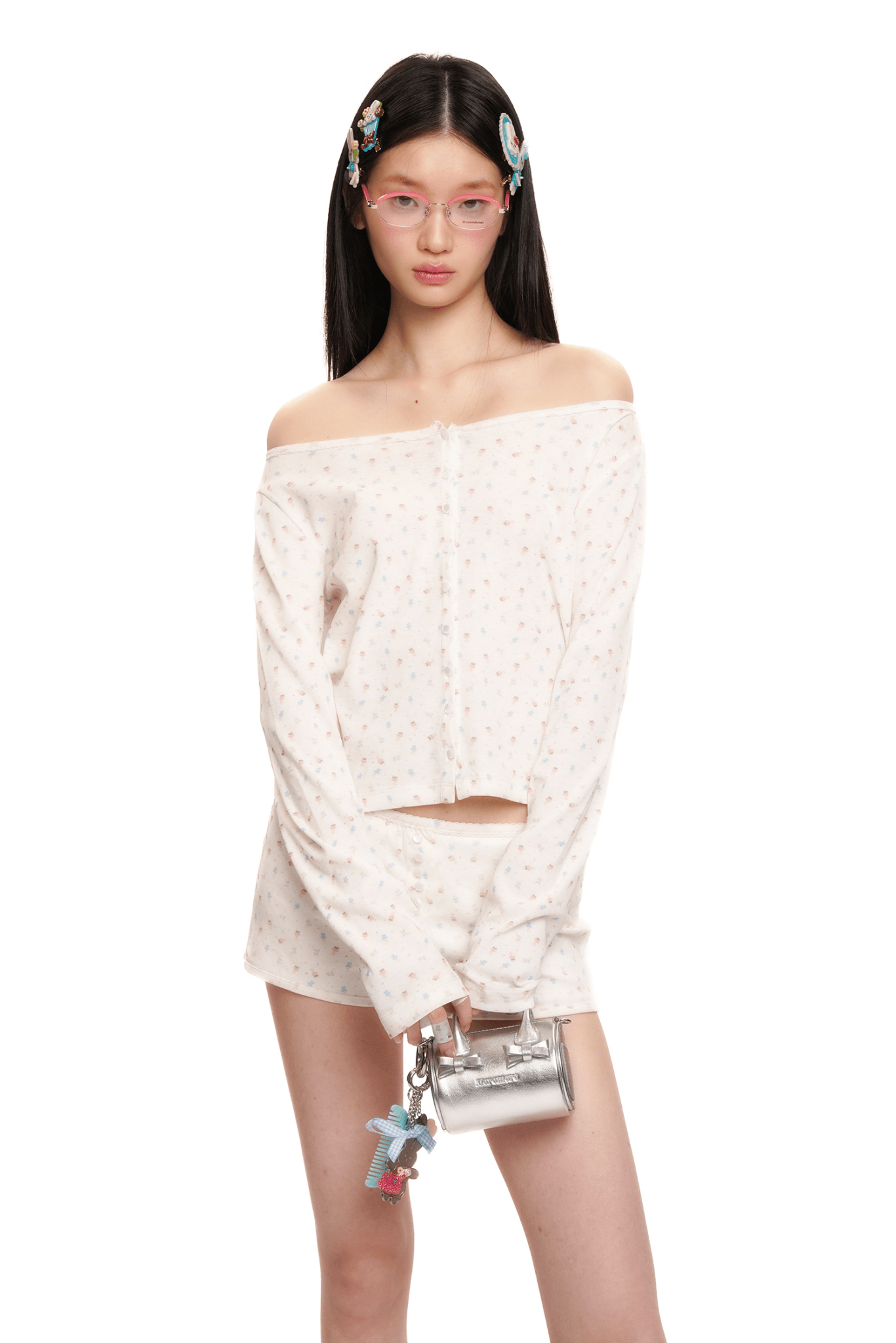 Vintage Floral Bunny Print Wide - Neck Cardigan - COPPING THREADS - MOROMORO 메인 이미지