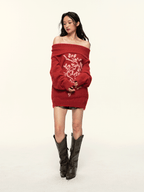 Vintage Flower Jacquard Red Off - Shoulder Sweater - COPPING THREADS - CT Select
