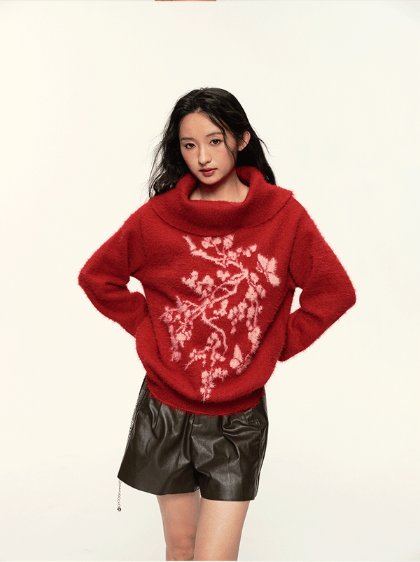Vintage Flower Jacquard Red Off - Shoulder Sweater - COPPING THREADS - CT Select