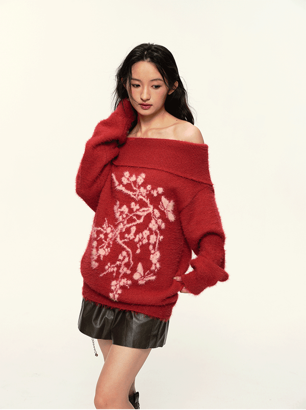 Vintage Flower Jacquard Red Off - Shoulder Sweater - COPPING THREADS - CT Select