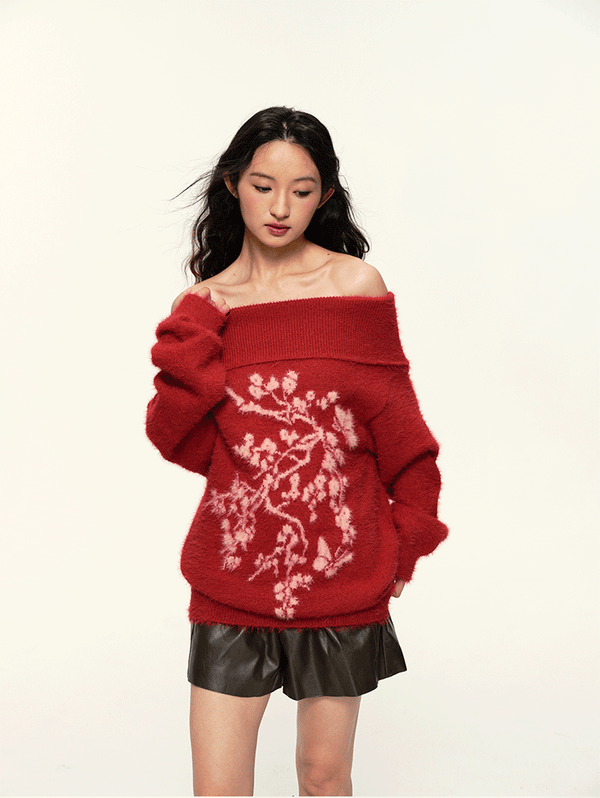 Vintage Flower Jacquard Red Off - Shoulder Sweater - COPPING THREADS - CT Select