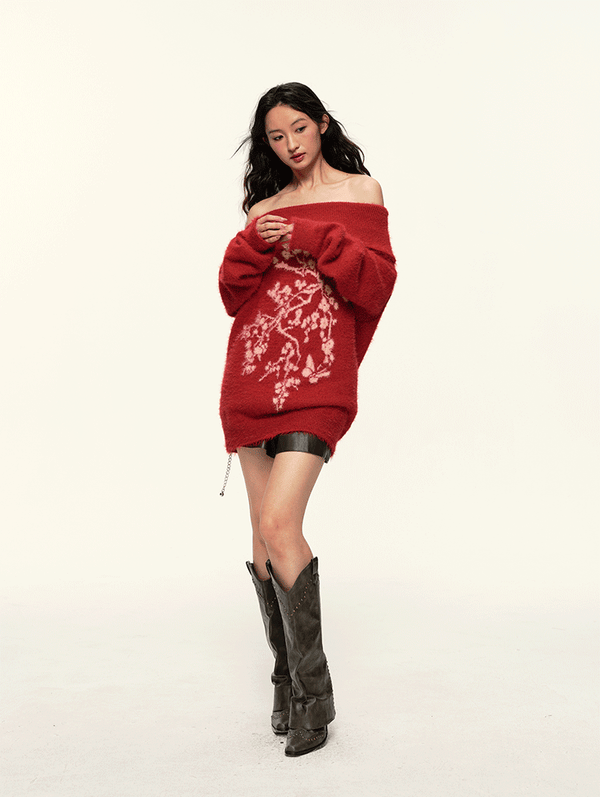 Vintage Flower Jacquard Red Off - Shoulder Sweater - COPPING THREADS - CT Select