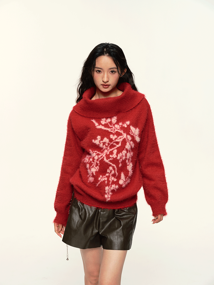 Vintage Flower Jacquard Red Off - Shoulder Sweater - COPPING THREADS - CT Select