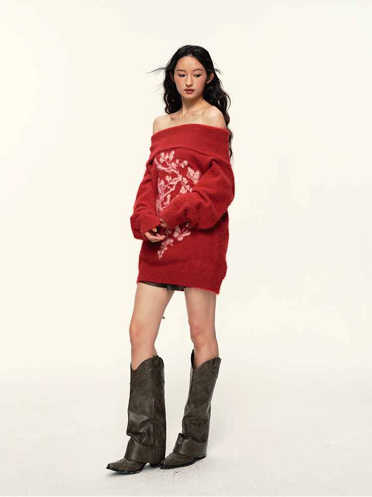 Vintage Flower Jacquard Red Off - Shoulder Sweater - COPPING THREADS - CT Select