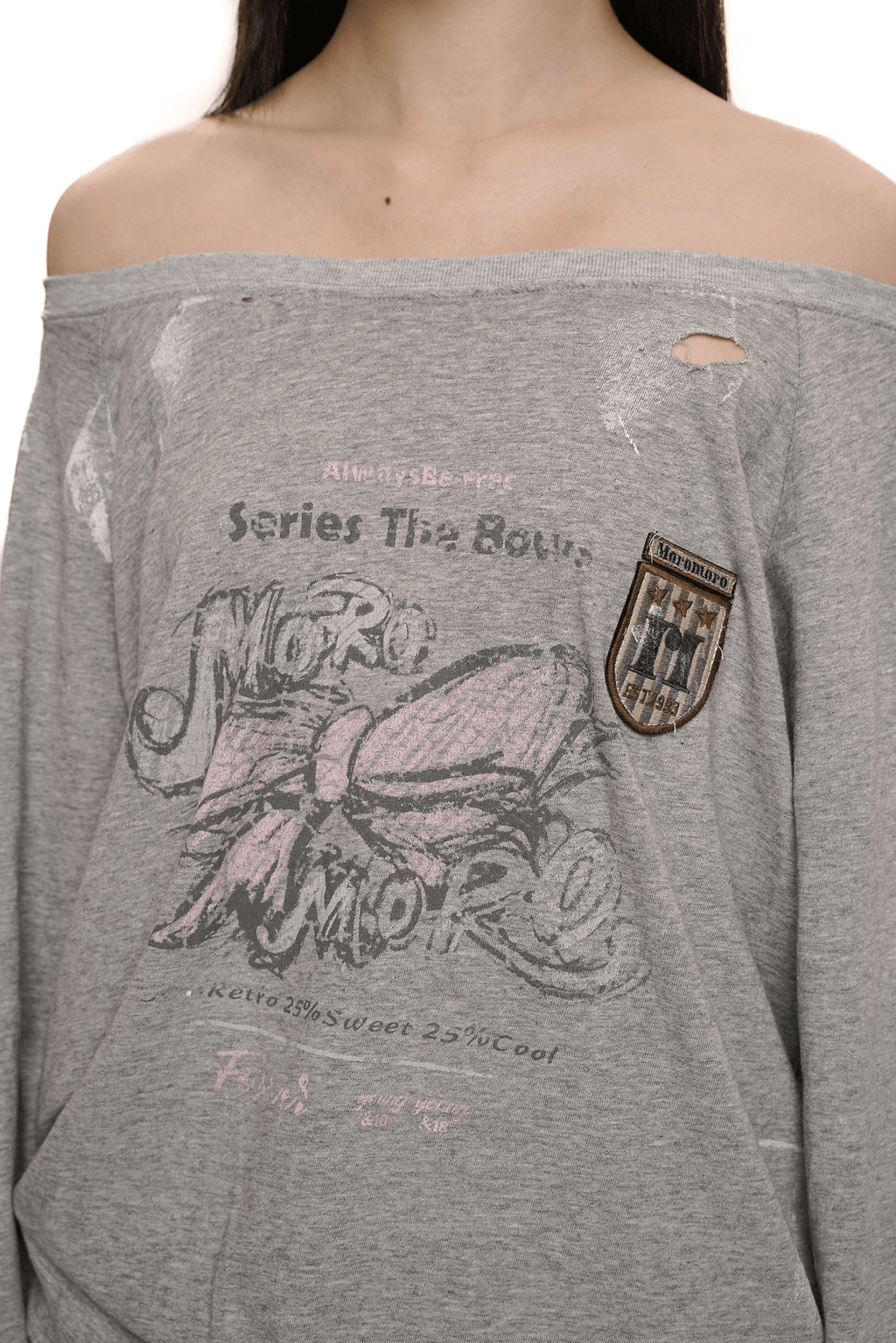 Vintage Hand - Painted Bow Graphic Distressed Off - Shoulder Long - Sleeve Tee - COPPING THREADS - MOROMORO