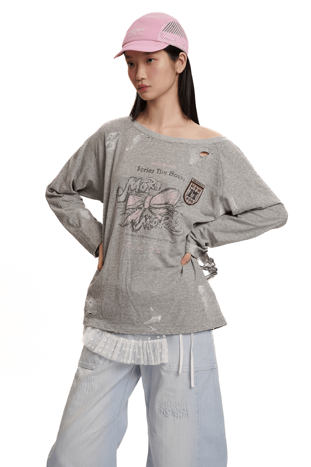 Vintage Hand - Painted Bow Graphic Distressed Off - Shoulder Long - Sleeve Tee - COPPING THREADS - MOROMORO
