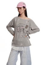 Vintage Hand - Painted Bow Graphic Distressed Off - Shoulder Long - Sleeve Tee - COPPING THREADS - MOROMORO