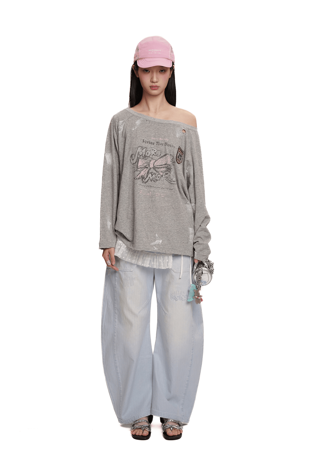 Vintage Hand - Painted Bow Graphic Distressed Off - Shoulder Long - Sleeve Tee - COPPING THREADS - MOROMORO