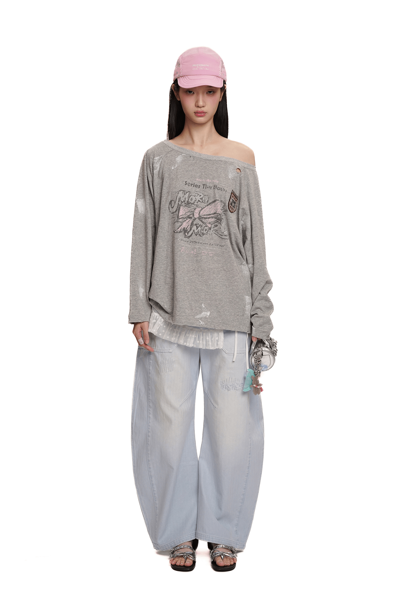 Vintage Hand - Painted Bow Graphic Distressed Off - Shoulder Long - Sleeve Tee - COPPING THREADS - MOROMORO