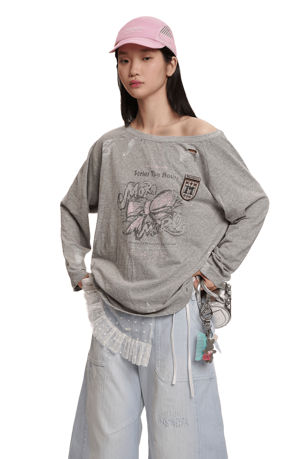 Vintage Hand - Painted Bow Graphic Distressed Off - Shoulder Long - Sleeve Tee - COPPING THREADS - MOROMORO