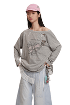 Vintage Hand - Painted Bow Graphic Distressed Off - Shoulder Long - Sleeve Tee - COPPING THREADS - MOROMORO
