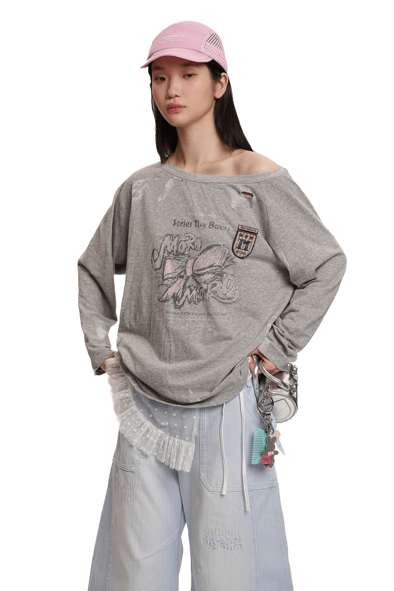 Vintage Hand - Painted Bow Graphic Distressed Off - Shoulder Long - Sleeve Tee - COPPING THREADS - MOROMORO