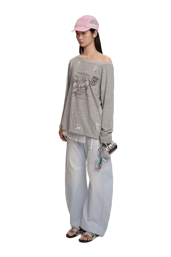 Vintage Hand - Painted Bow Graphic Distressed Off - Shoulder Long - Sleeve Tee - COPPING THREADS - MOROMORO