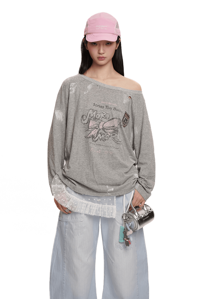 Vintage Hand - Painted Bow Graphic Distressed Off - Shoulder Long - Sleeve Tee - COPPING THREADS - MOROMORO Hover Image