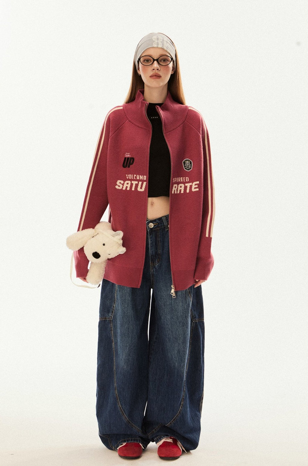 Vintage High Neck Double Zip Striped Sleeve Knit Cardigan - COPPING THREADS - CHICISLAND