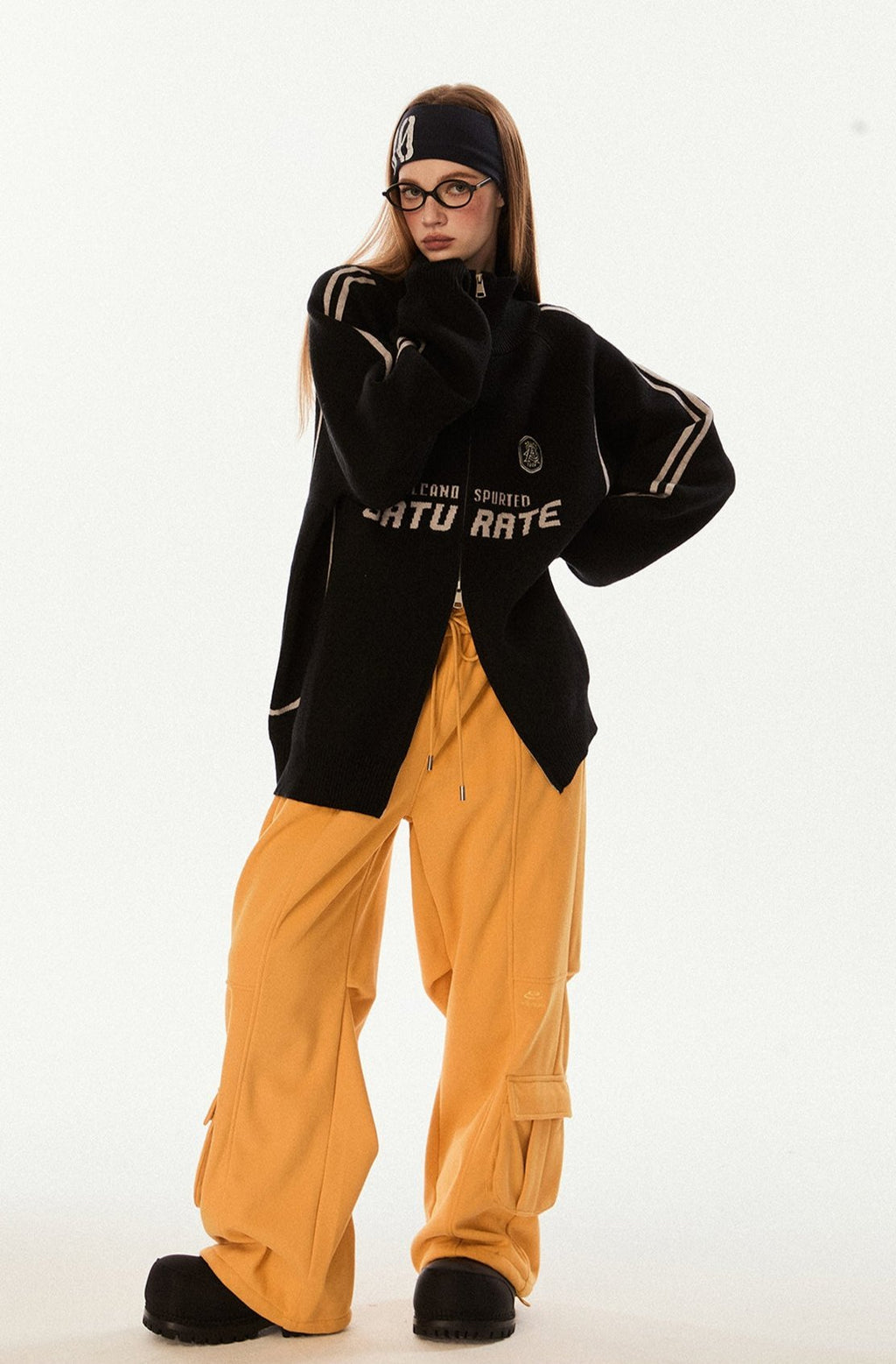 Vintage High Neck Double Zip Striped Sleeve Knit Cardigan - COPPING THREADS - CHICISLAND