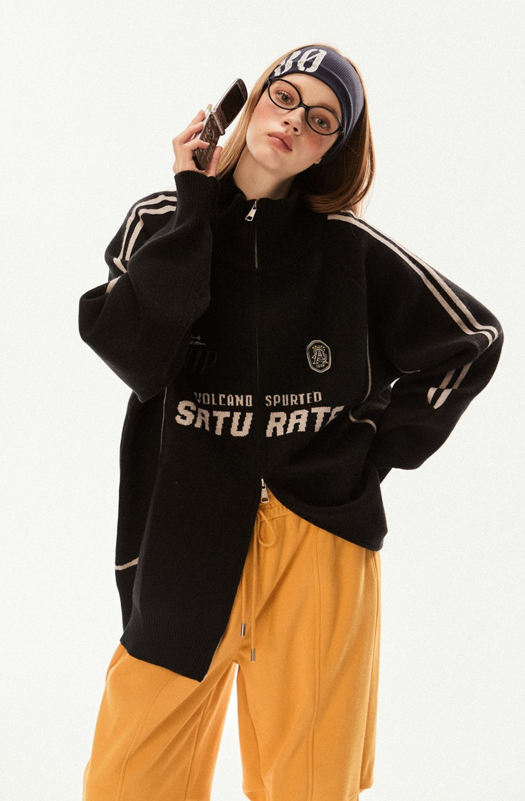 Vintage High Neck Double Zip Striped Sleeve Knit Cardigan - COPPING THREADS - CHICISLAND