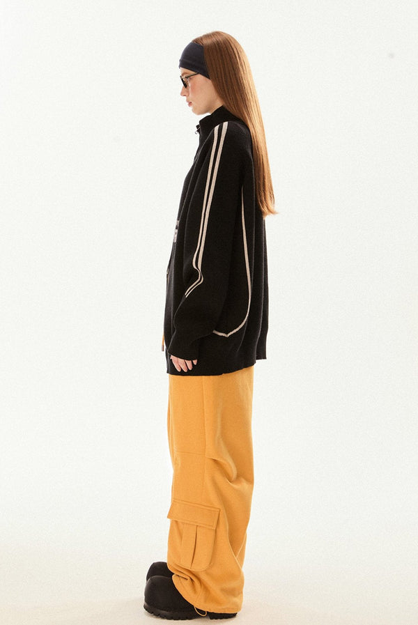 Vintage High Neck Double Zip Striped Sleeve Knit Cardigan - COPPING THREADS - CHICISLAND