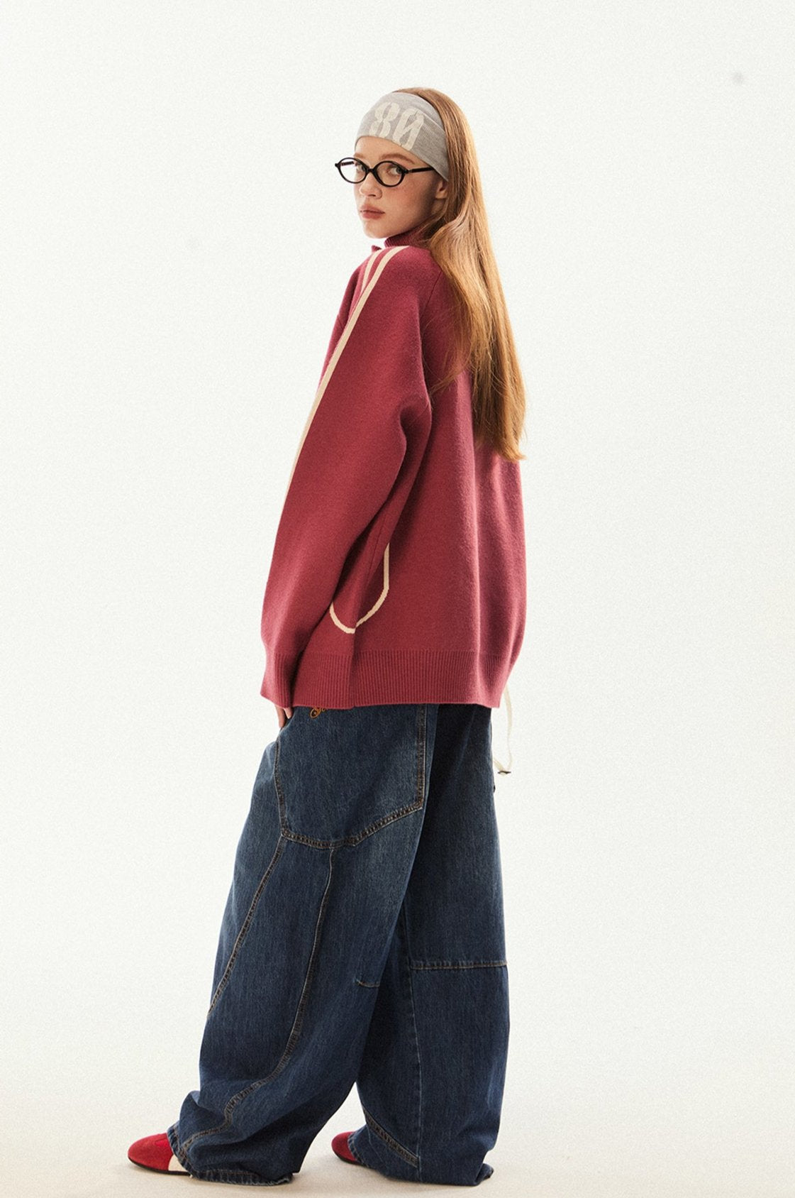 Vintage High Neck Double Zip Striped Sleeve Knit Cardigan - COPPING THREADS - CHICISLAND