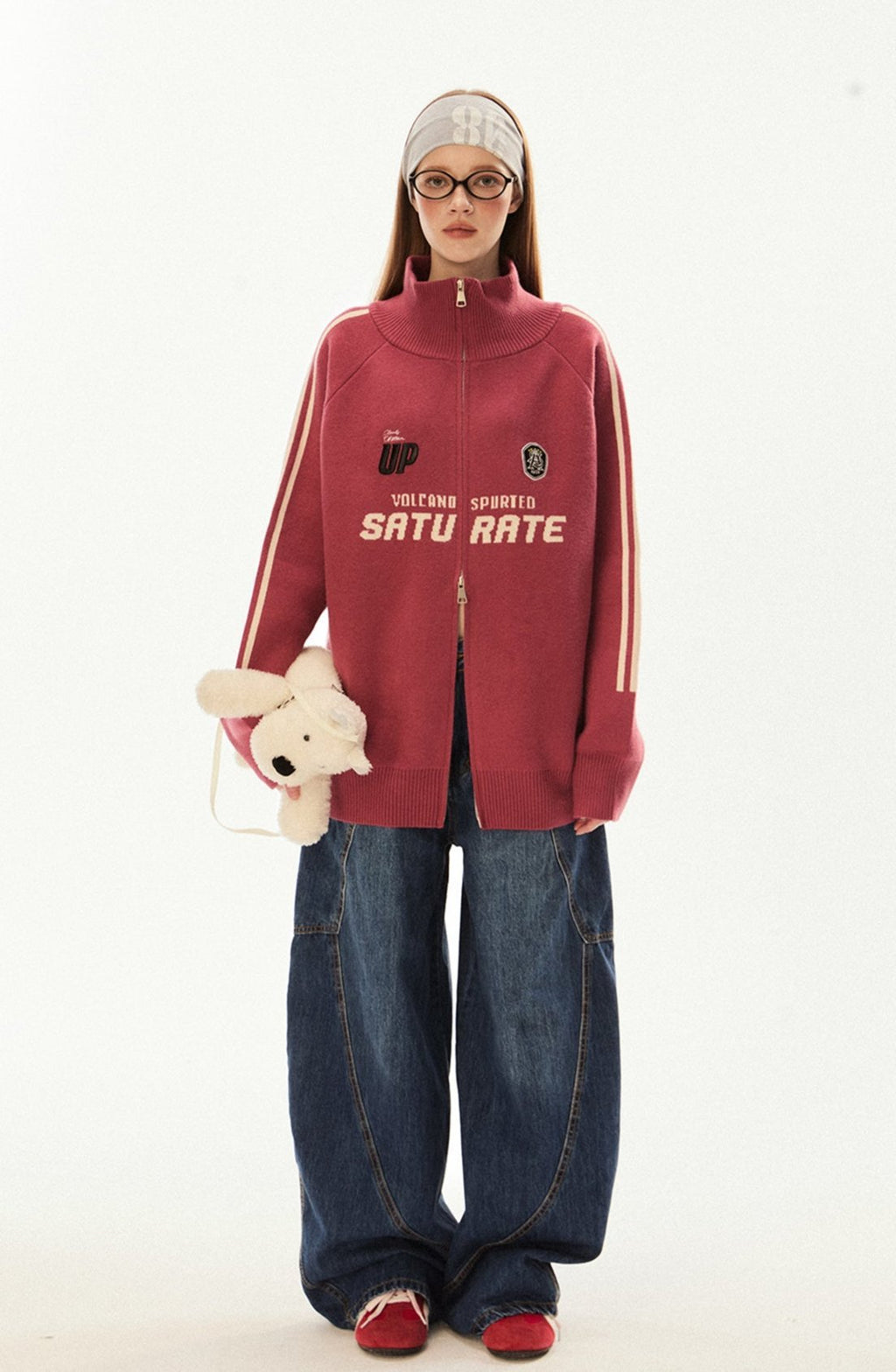 Vintage High Neck Double Zip Striped Sleeve Knit Cardigan - COPPING THREADS - CHICISLAND