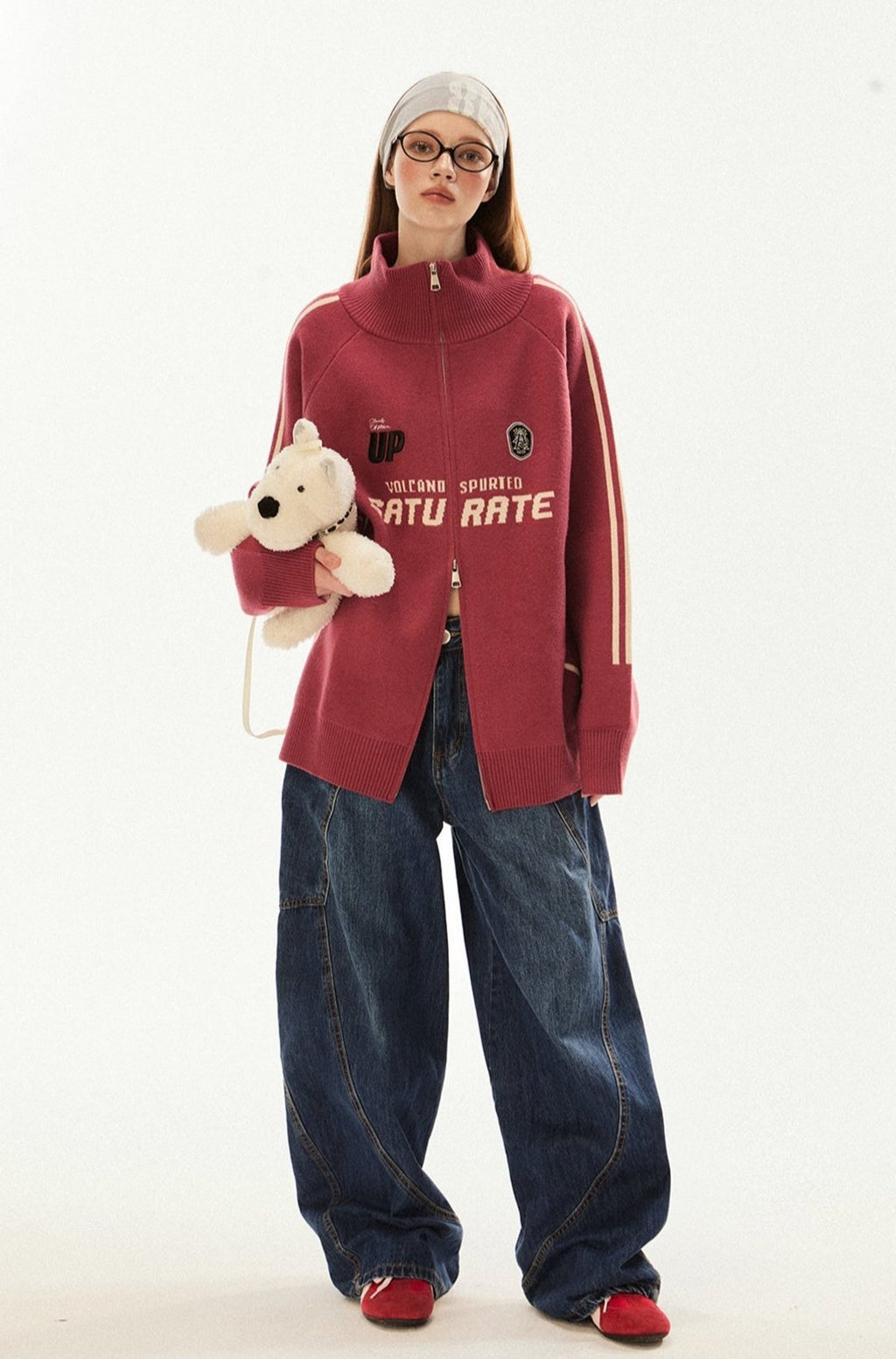 Vintage High Neck Double Zip Striped Sleeve Knit Cardigan - COPPING THREADS - CHICISLAND