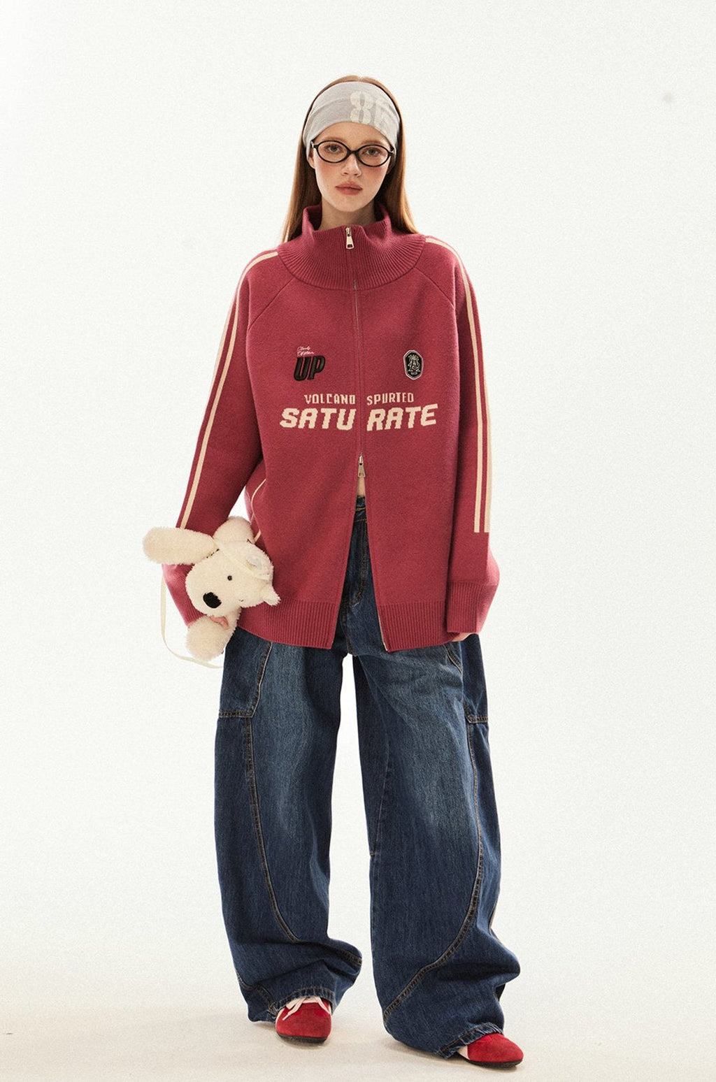 Vintage High Neck Double Zip Striped Sleeve Knit Cardigan - COPPING THREADS - CHICISLAND