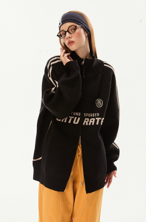 Vintage High Neck Double Zip Striped Sleeve Knit Cardigan - COPPING THREADS - CHICISLAND