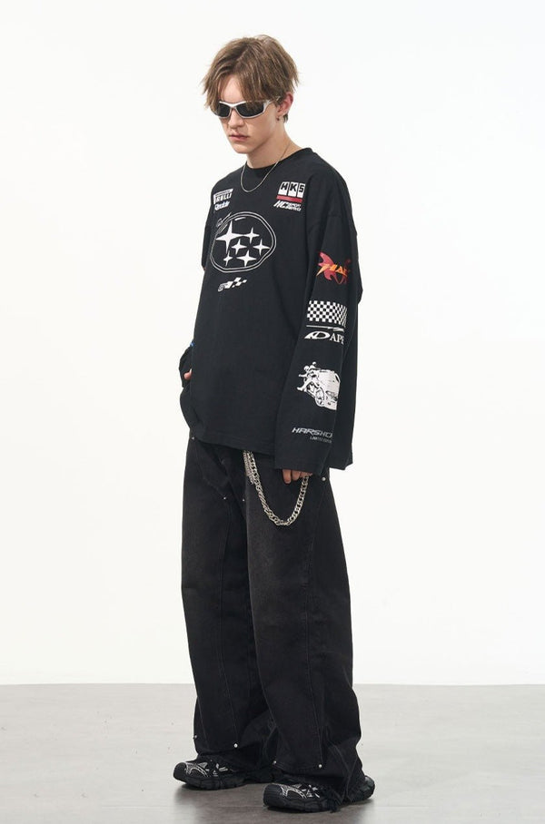 Vintage Hip - Hop Racing Print Long Sleeve Tee - COPPING THREADS - Harsh and Cruel