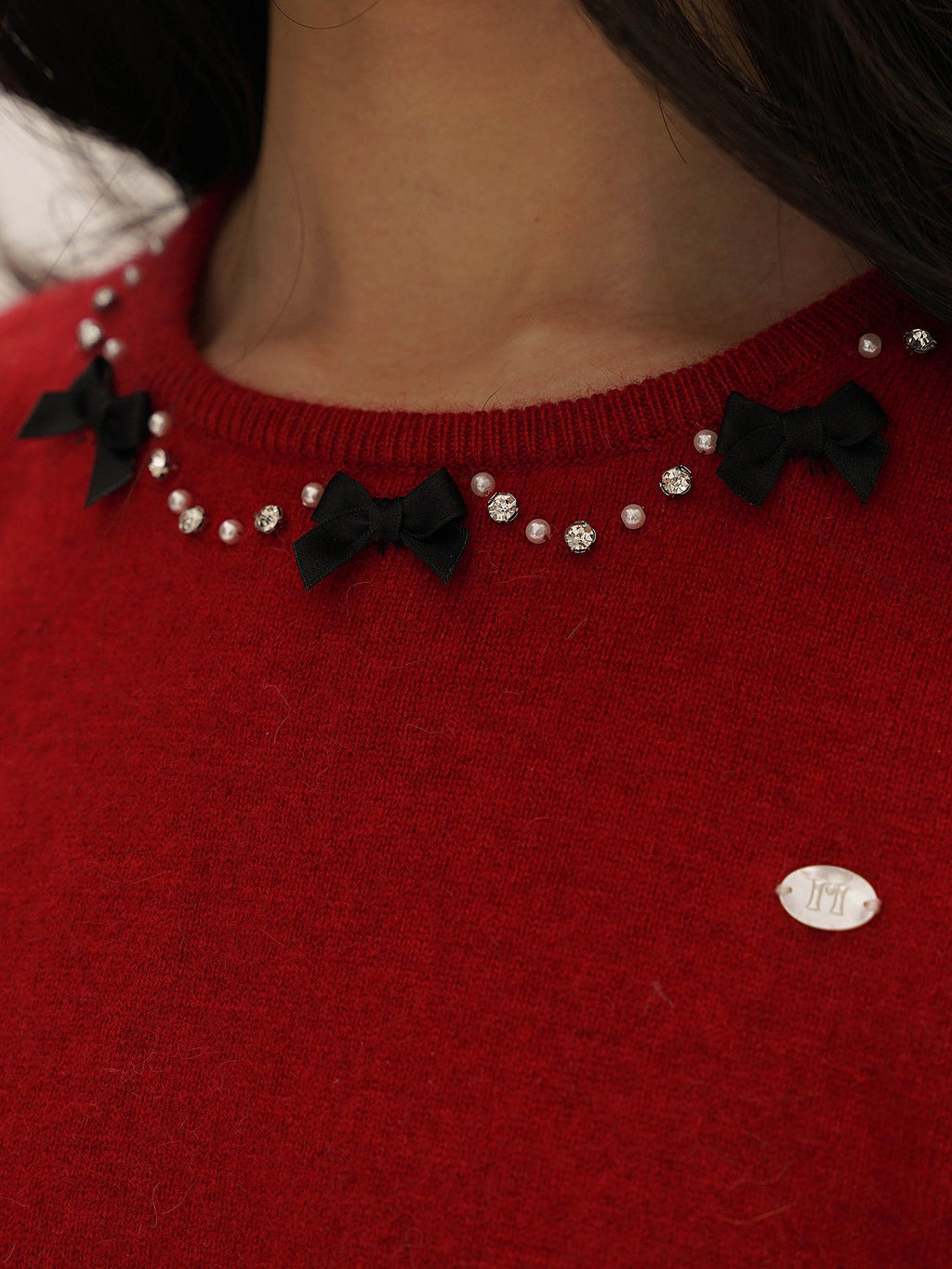 Vintage Knit Top with Pearl & Bow Embellishments - COPPING THREADS - MOROMORO