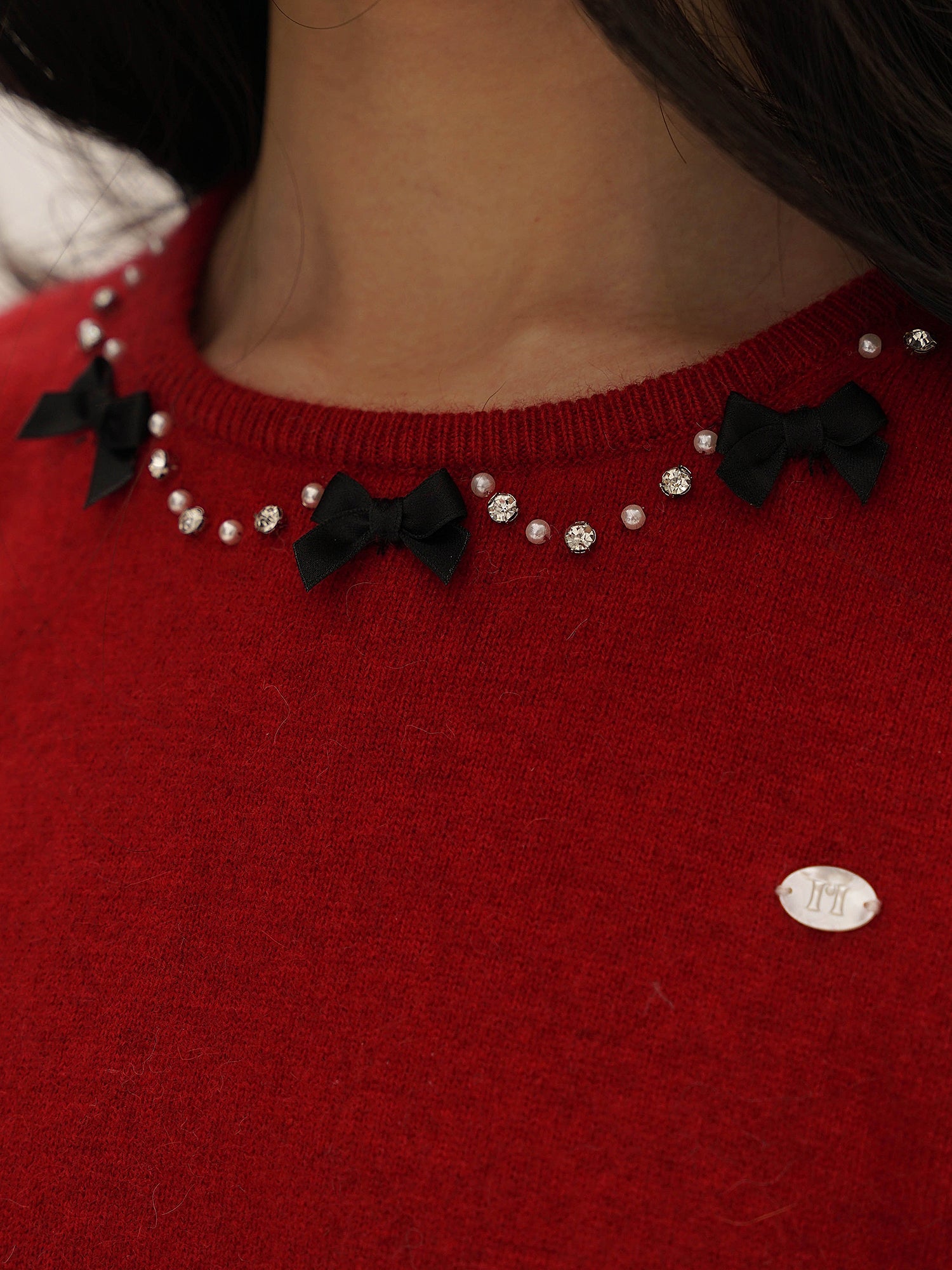 Vintage Knit Top with Pearl & Bow Embellishments - COPPING THREADS - MOROMORO