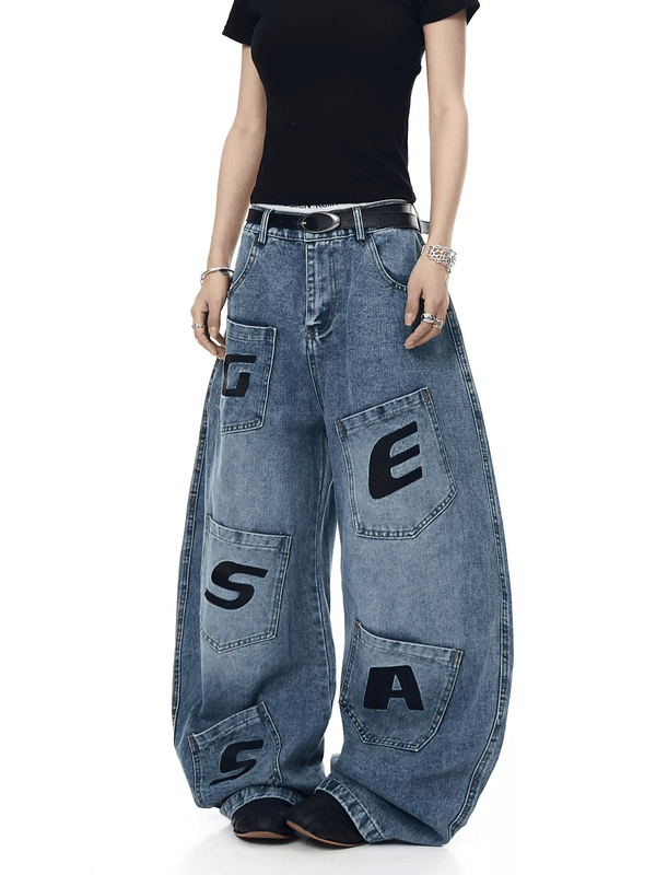 Vintage Letter Patchwork Wide - Leg Denim - COPPING THREADS - CT Select