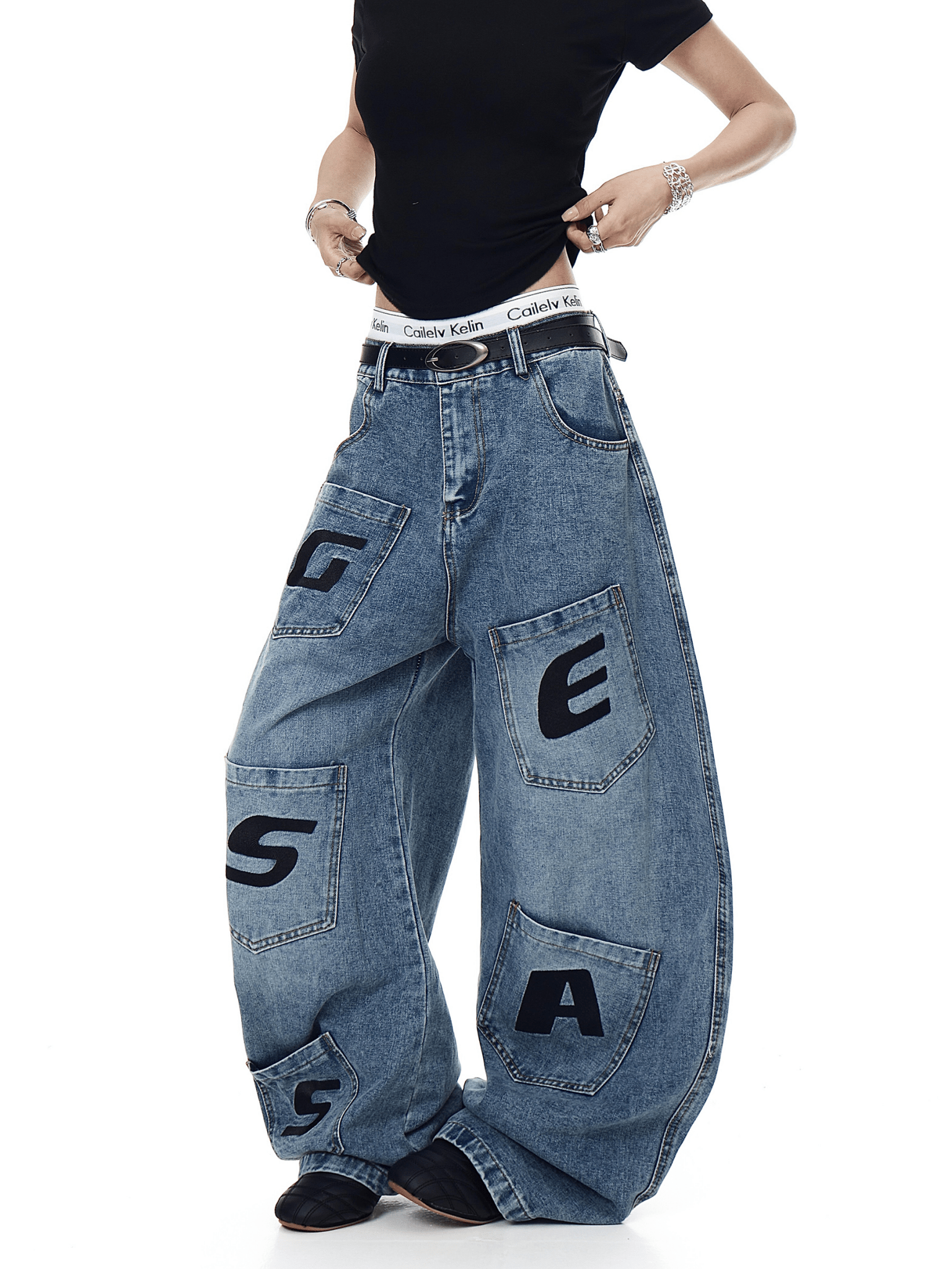 Vintage Letter Patchwork Wide - Leg Denim - COPPING THREADS - CT Select