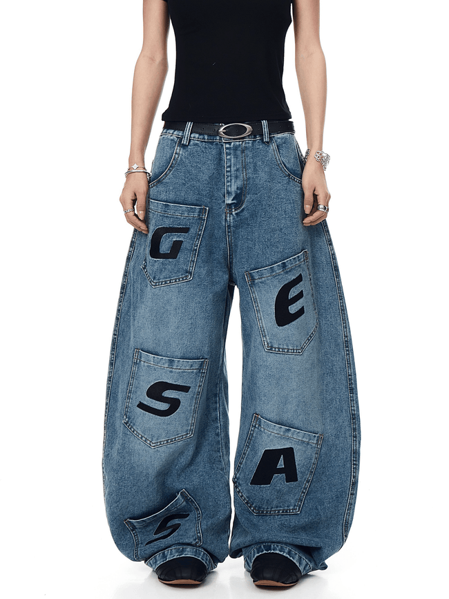 Vintage Letter Patchwork Wide - Leg Denim - COPPING THREADS - CT Select Hover Image