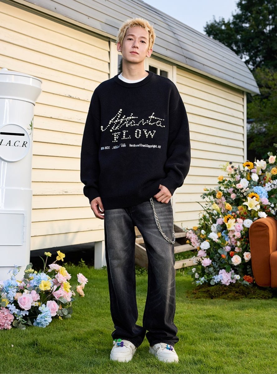 Vintage Loose Fit Street Style Pearl Embroidery Knit Sweater - COPPING THREADS - Harsh and Cruel