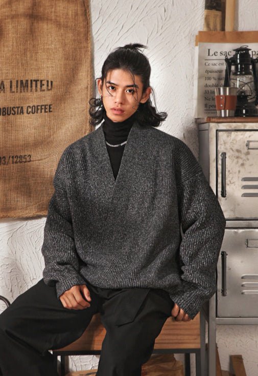 Vintage Mandarin Collar V - Neck Knit Sweater - COPPING THREADS - MAKE NOISE