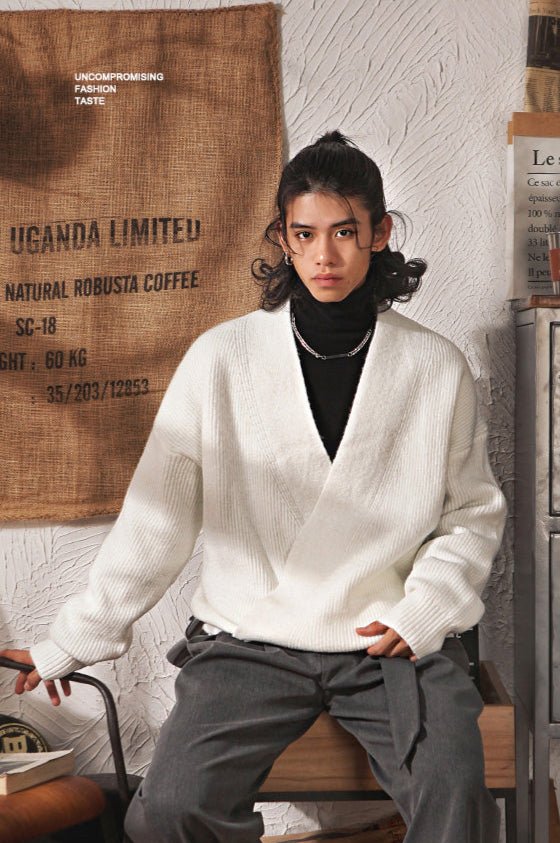 Vintage Mandarin Collar V - Neck Knit Sweater - COPPING THREADS - MAKE NOISE