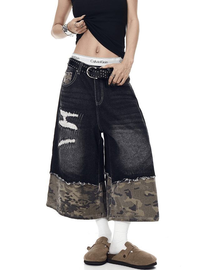 Vintage Patchwork Camo Denim Shorts Main Image