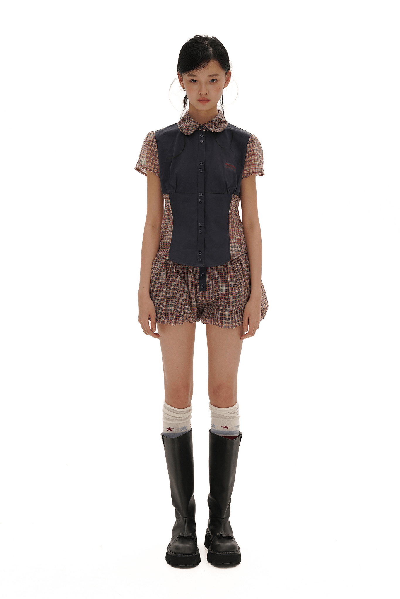 Vintage Patchwork Plaid Colorblock Kurzarmhemd Zweitbild