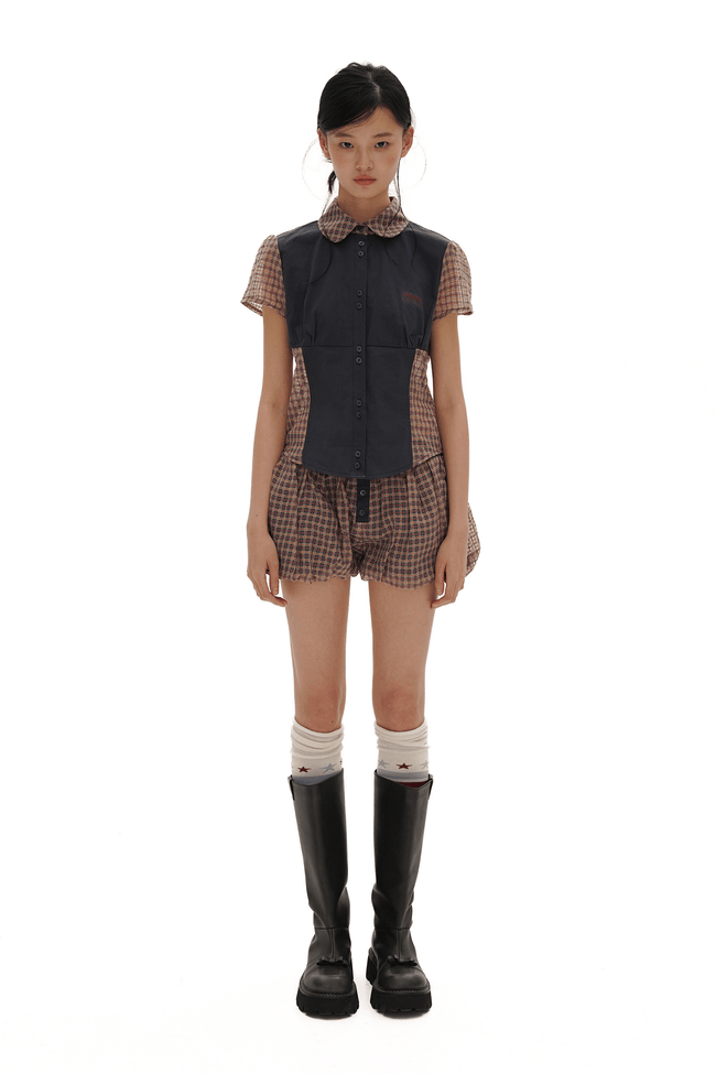 Vintage Patchwork Plaid Colorblock Short Sleeve Shirt Main Image