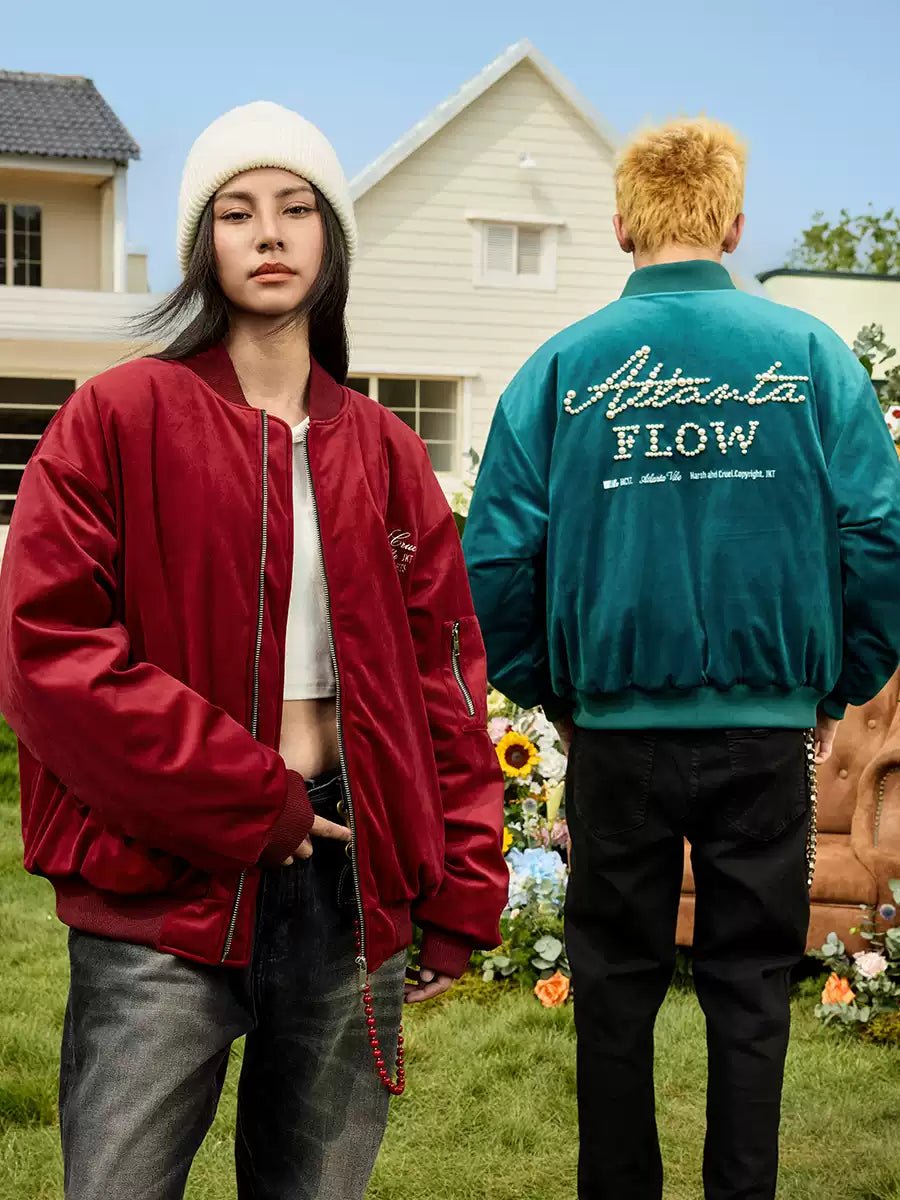 Vintage Pearl Embroidered Velvet Quilted Bomber Jacket - COPPING THREADS - Harsh and Cruel