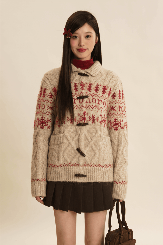 Vintage Snowflake Pattern Cable Knit Cardigan - COPPING THREADS - MOROMORO Hover Image