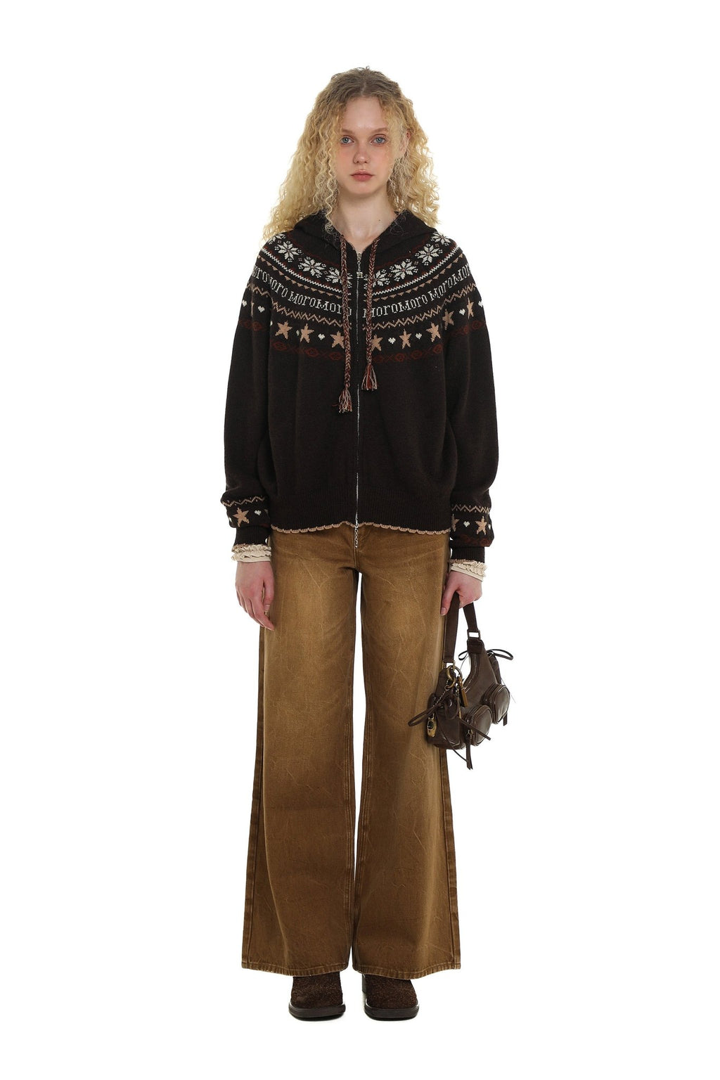 Vintage Star and Snowflake Pattern Fair Isle Knit Cardigan Hooded Sweater - COPPING THREADS - MOROMORO